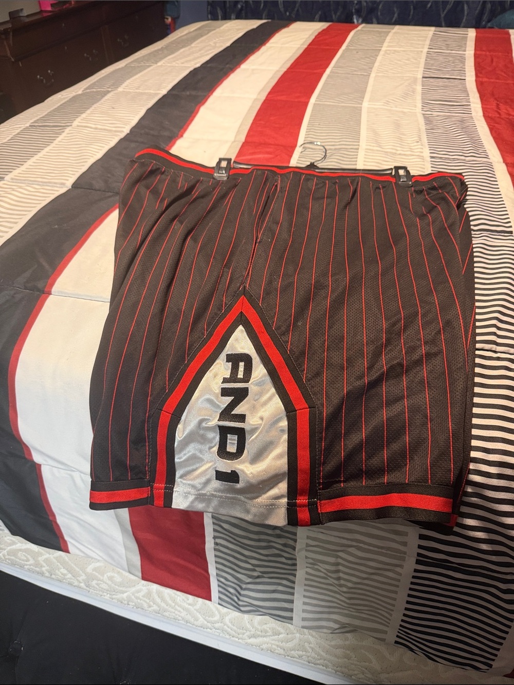 And1 Black Shorts with Red Pinstripes and Silver Accent